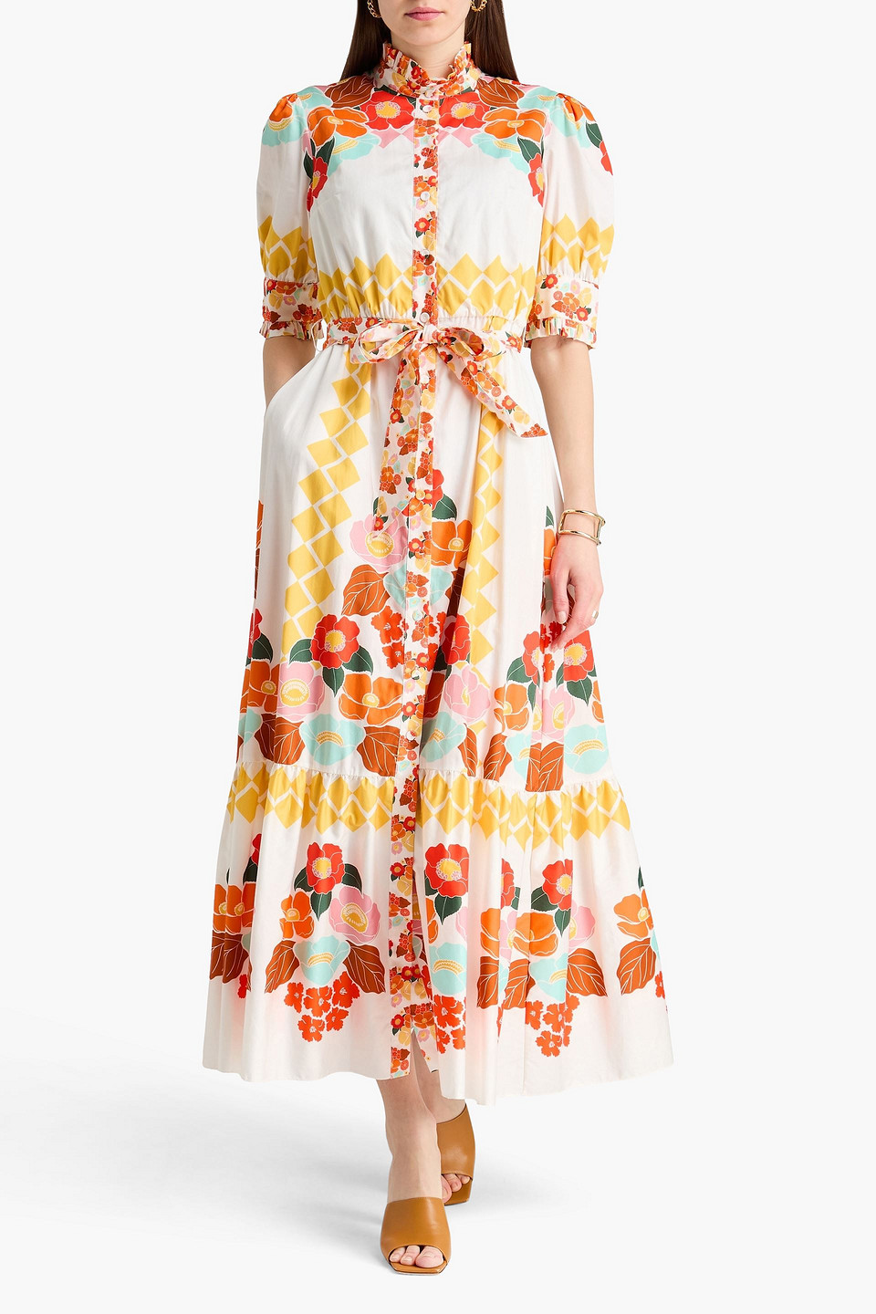  Borgo De Nor - Hemdkleid „marnia“ Aus Baumwollpopeline Mit Floralem Print Und Gürtel In Maxilänge - Weiß - Uk 6 