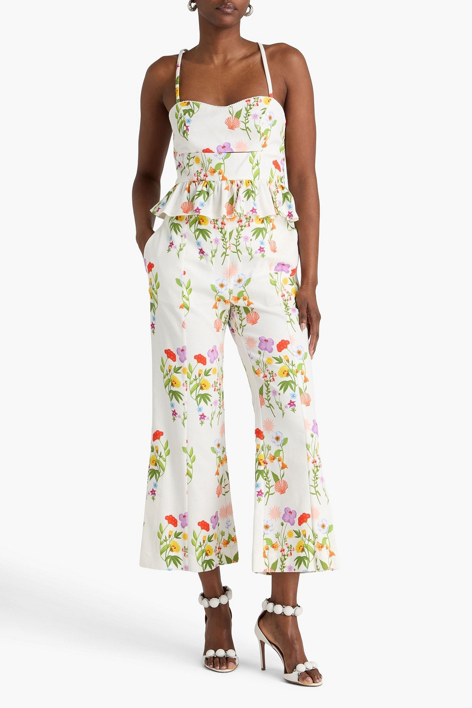  Borgo De Nor - Kick-flare-hose „yves“ Aus Piqué Aus Einer Baumwollmischung Mit Floralem Print - Weiß - Uk 6 