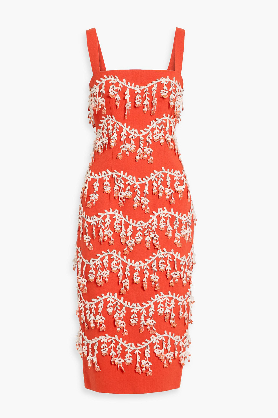 Lela Rose Floral-appliquéd Wool-blend Crepe Midi Dress In Orange