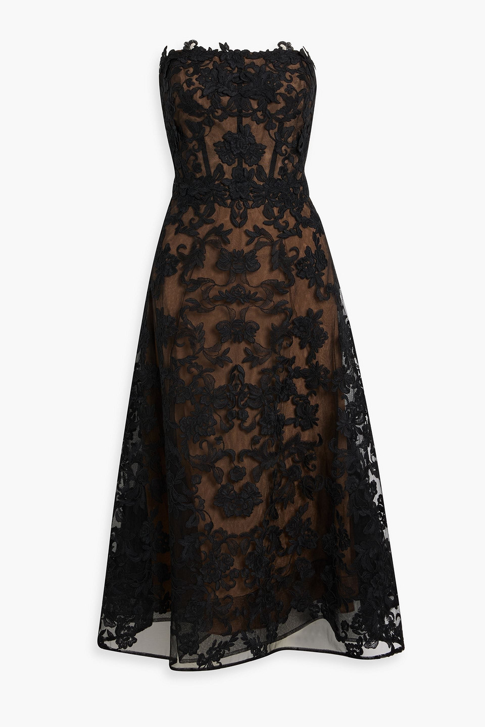 Marchesa Notte Strapless Corded Lace Midi Dress In Black