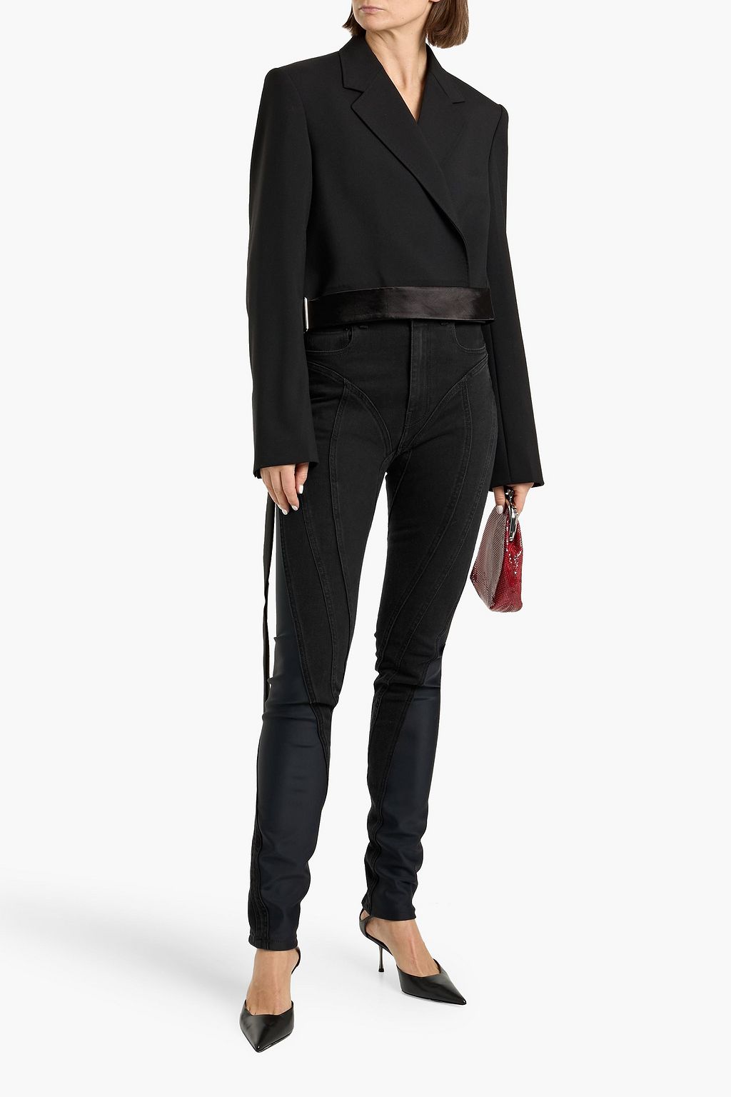  MUGLER スキニーデニム 34 MUGLER Scuba-paneled high-rise skinny jeans | THE OUTNET