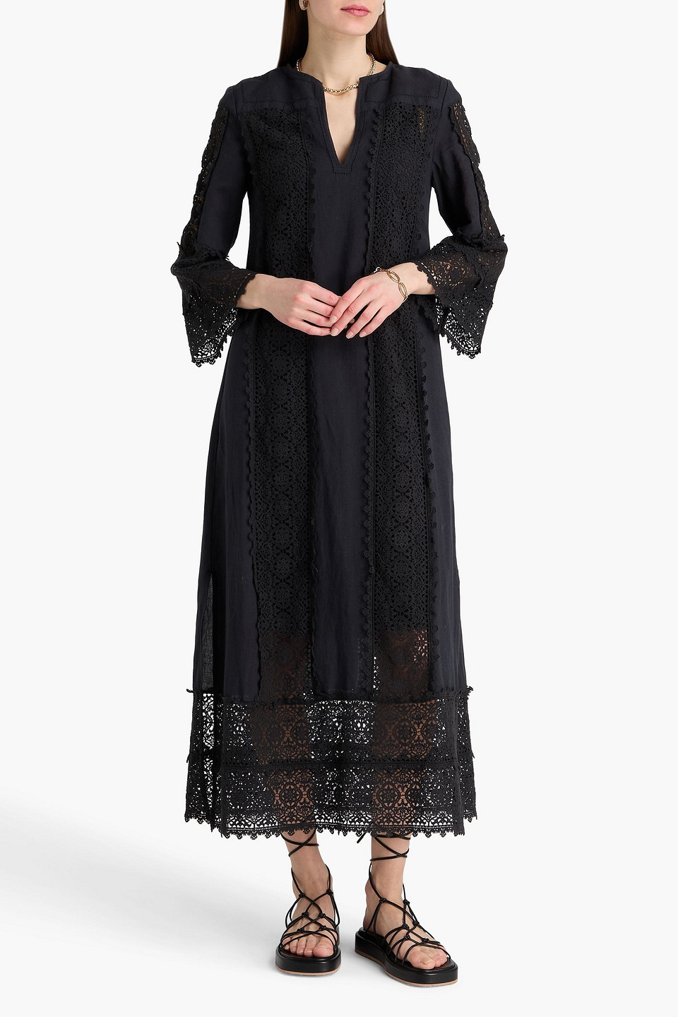  By Malene Birger - Kaftan „delane“ Aus Einer Leinen-baumwollmischung Mit Häkelbesatz - Schwarz - De 34 