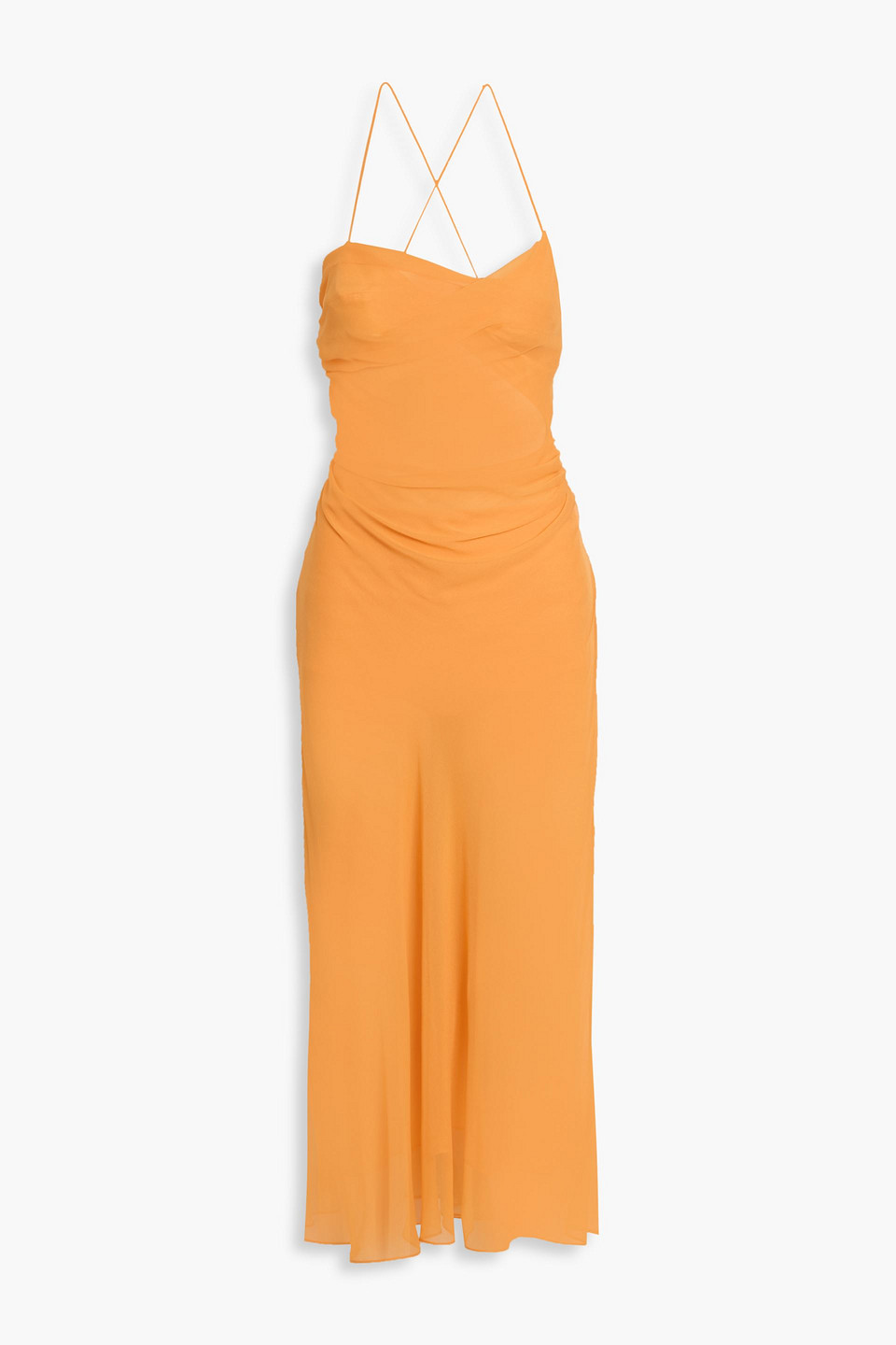 The Sei Diaphanous Ruched Silk-chiffon Midi Dress In Brown