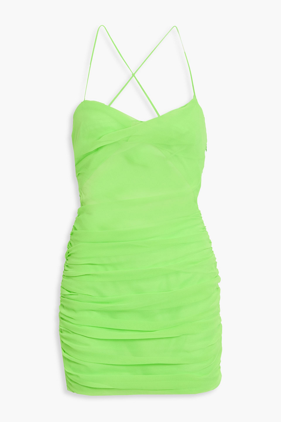 The Sei Diaphanous Ruched Silk-chiffon Mini Dress In Green