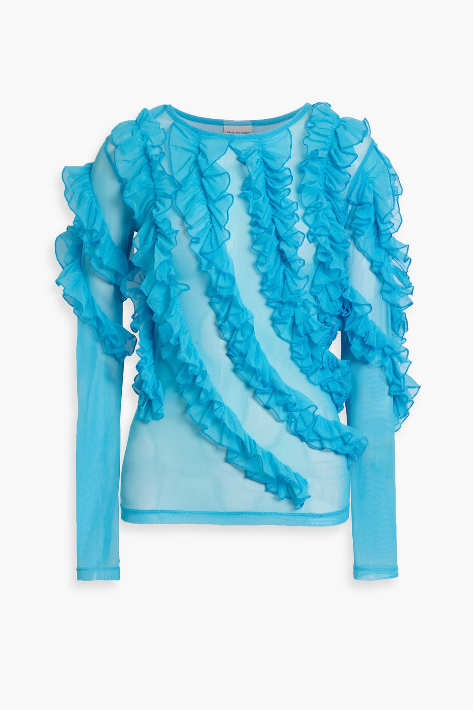 dries van noten - ruffled stretch-mesh top - blue - xs