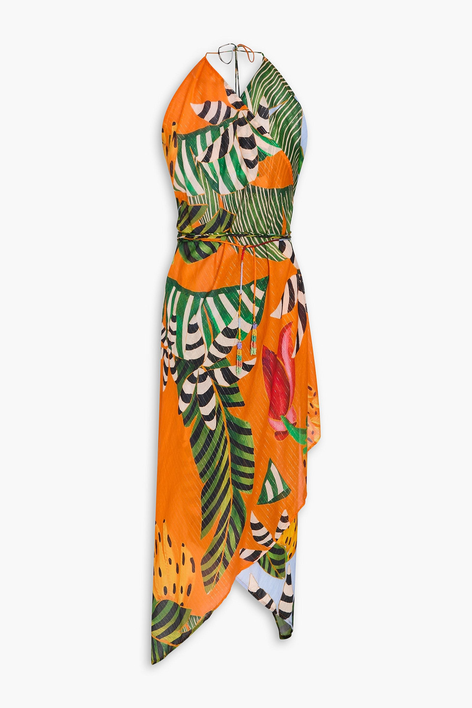 farm rio - metallic floral-print modal-blend wrap dress - orange - xs