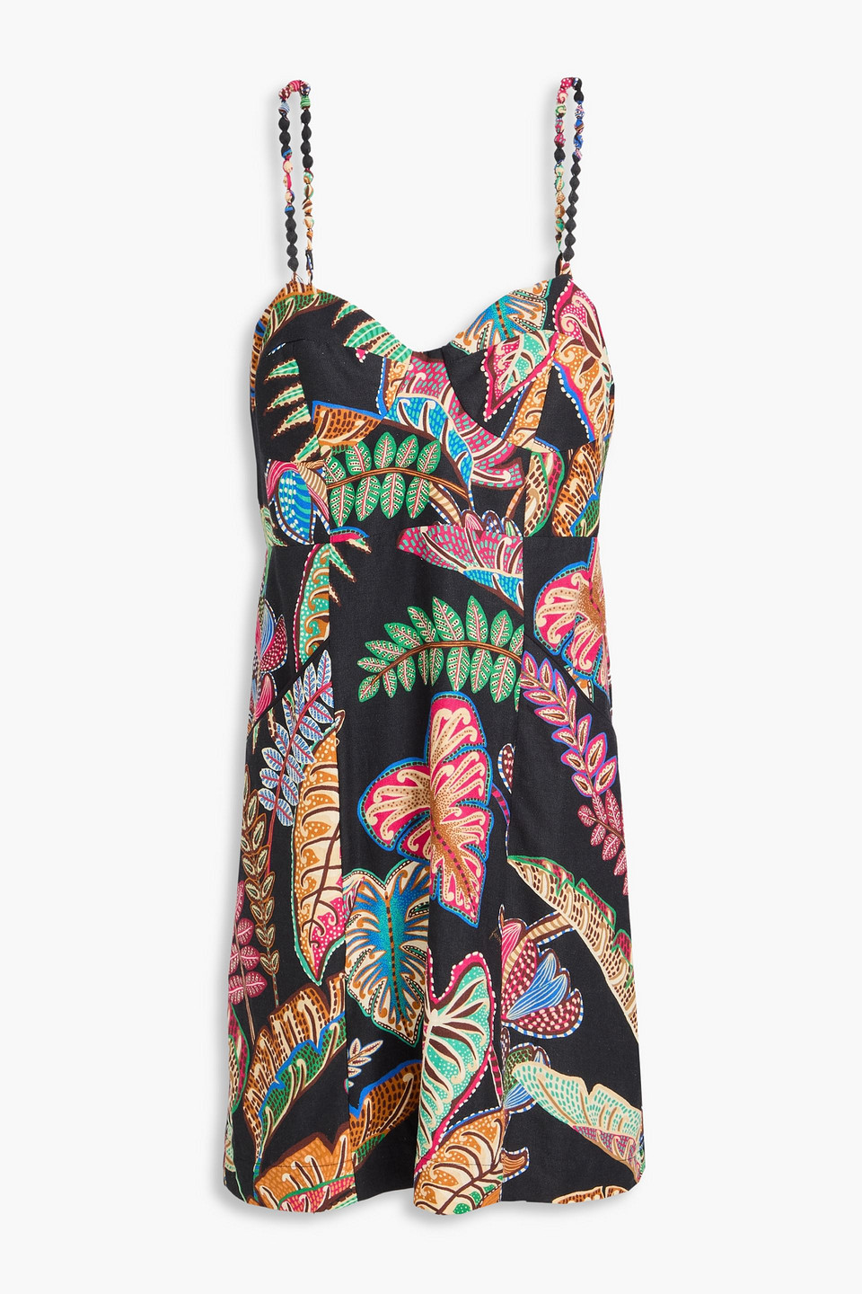farm rio - printed linen-blend mini dress - black - l