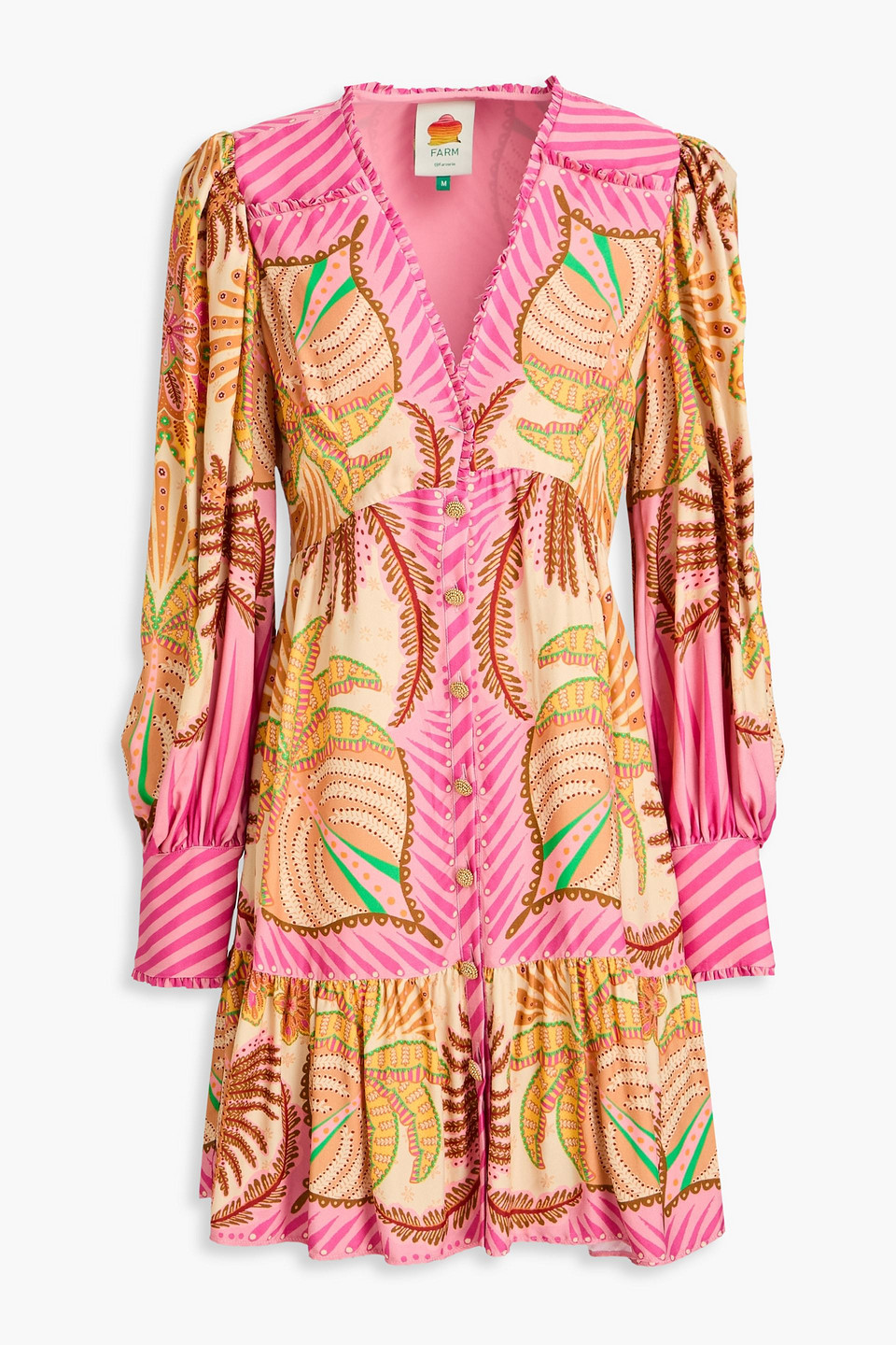 Farm Rio Ruffled Printed Satin-twill Mini Dress In Pink