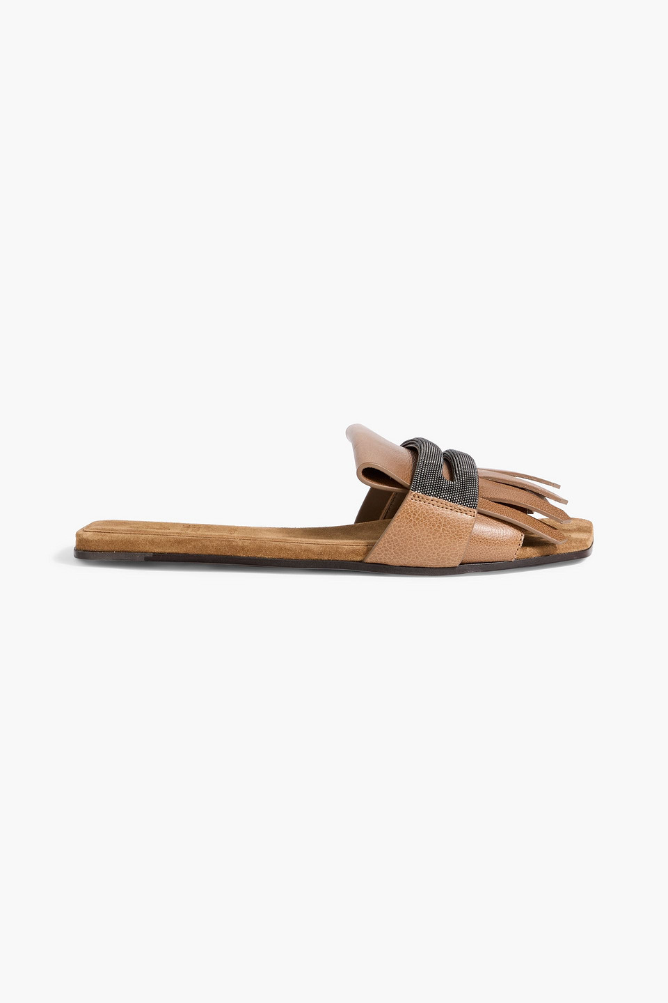 Brunello Cucinelli Bead-embellished Fringed Leather Slides In Brown