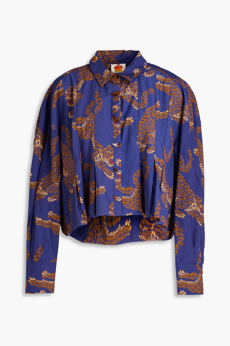 farm rio - cropped printed cotton shirt - blue - s