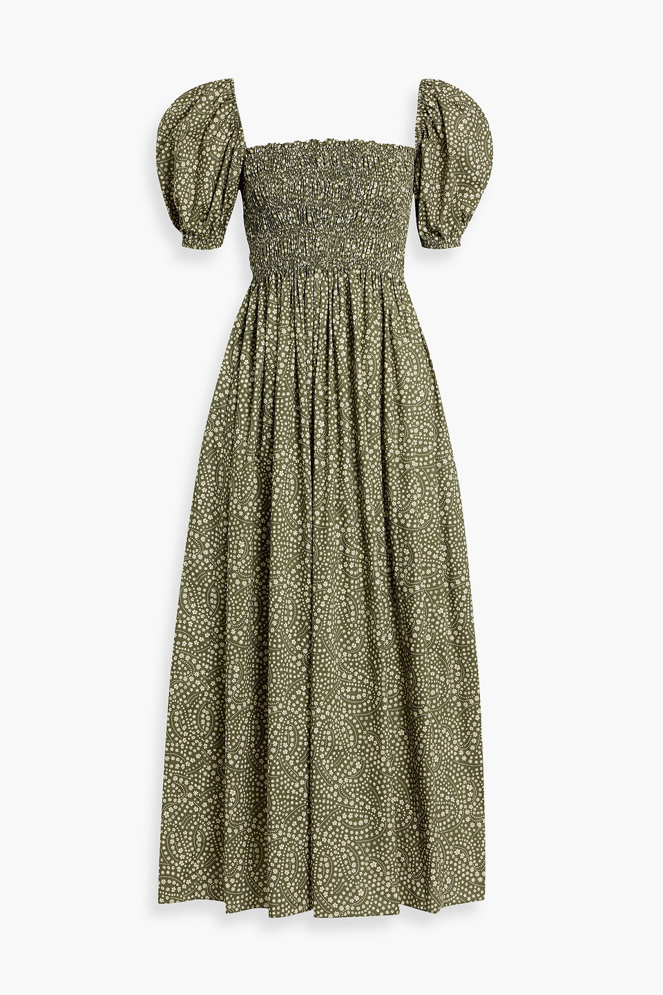Matteau Shirred Floral-print Cotton-poplin Maxi Dress In Green