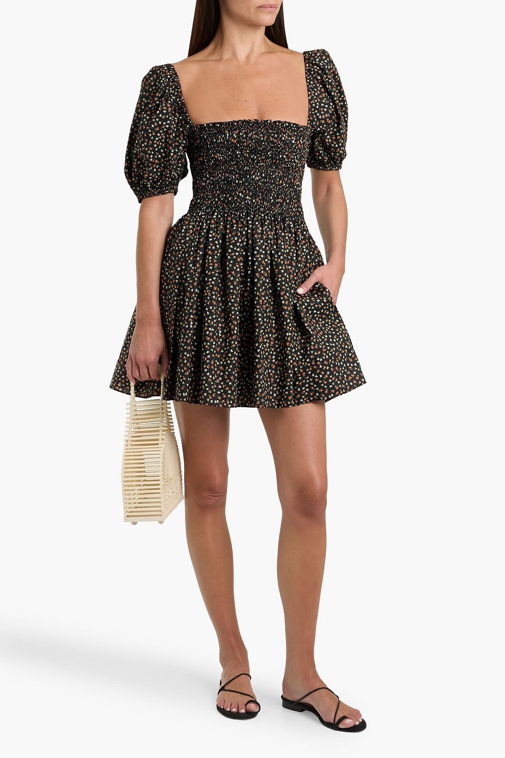 Matteau Shirred floral-print cotton-poplin mini dress - Women - Black Dresses - 1