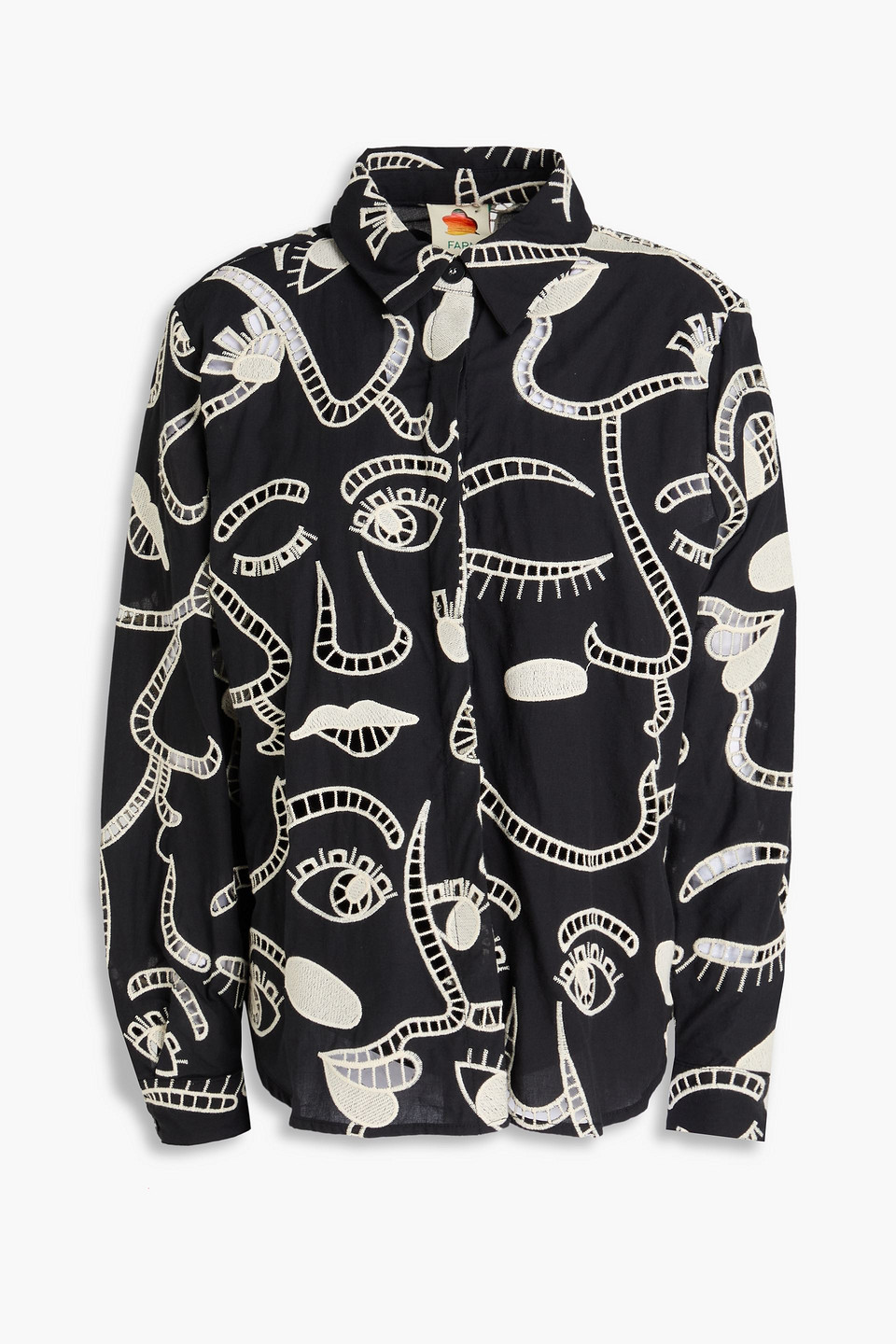 farm rio - embroidered cotton-poplin shirt - black - xs