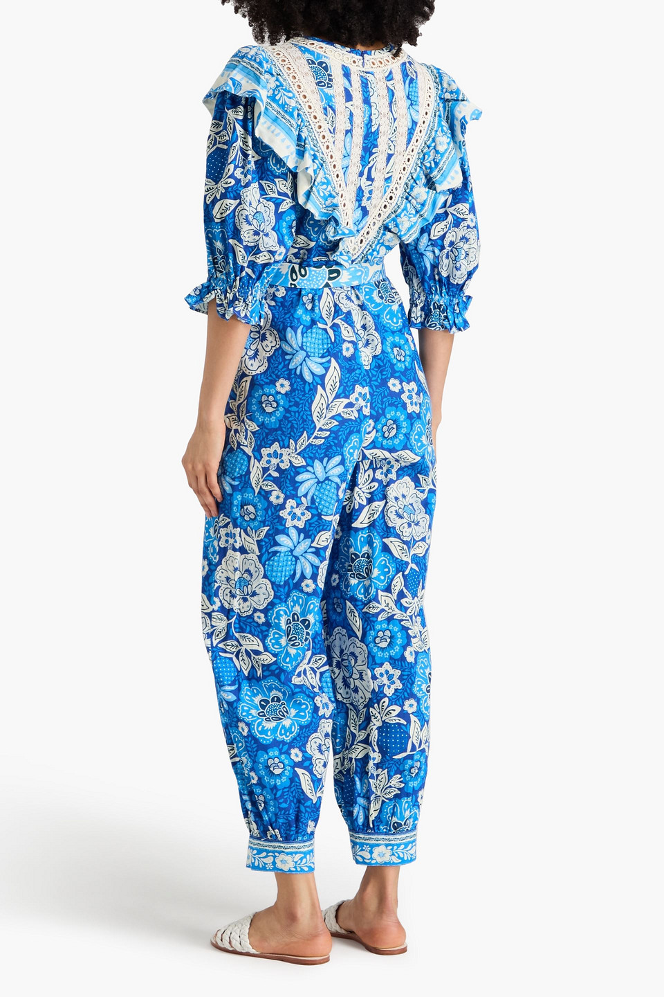  Farm Rio - Cropped Jumpsuit Aus Einer Leinenmischung Mit Floralem Print Und Spitzenbesatz - Blau - S 