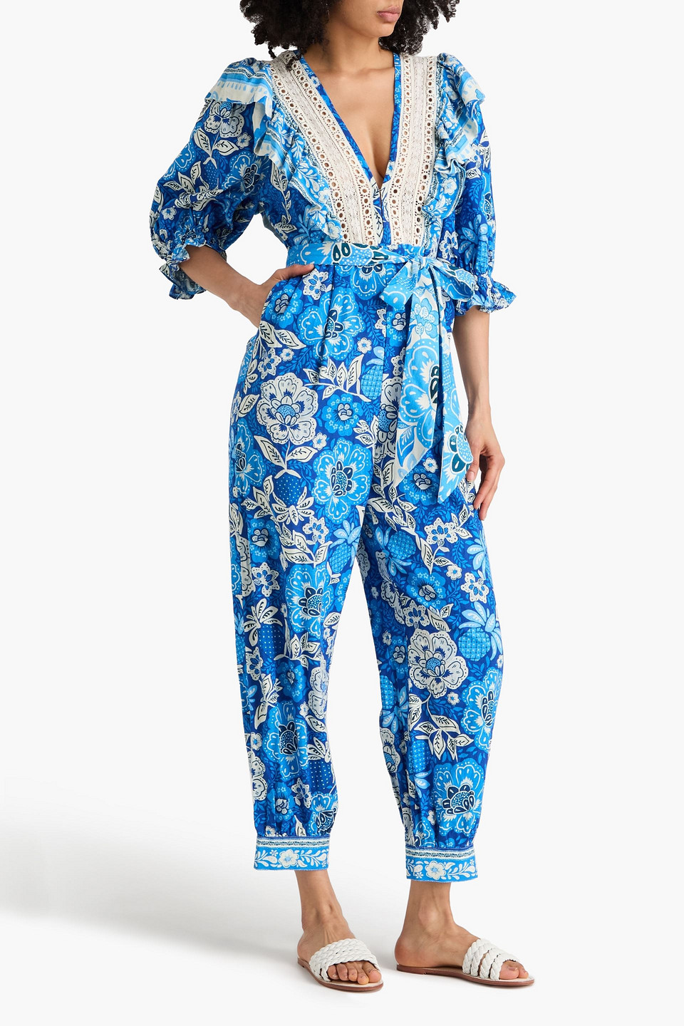  Farm Rio - Cropped Jumpsuit Aus Einer Leinenmischung Mit Floralem Print Und Spitzenbesatz - Blau - S 