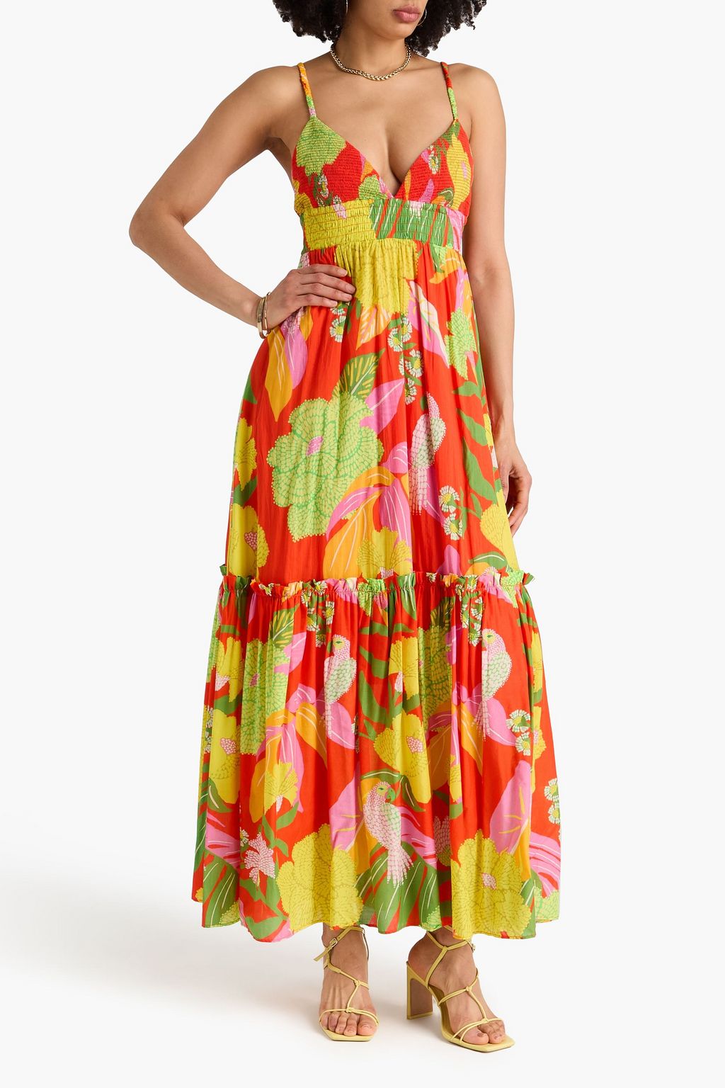 farm rio floral tiered cotton maxi dress Tiered floral-print cotton maxi dress - bright orange