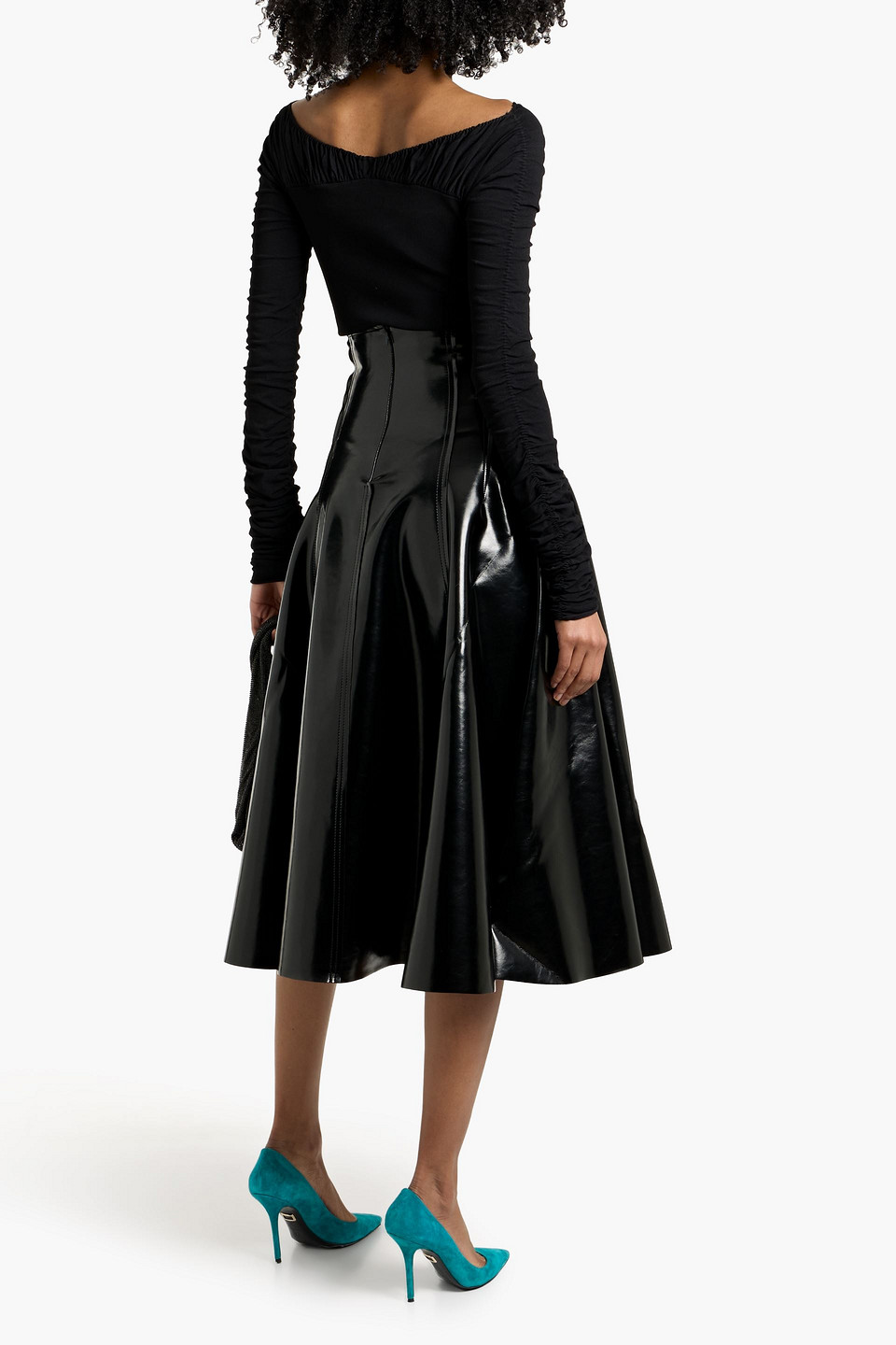  Norma Kamali - Grace Flared Glossed Midi Skirt - Black - L 