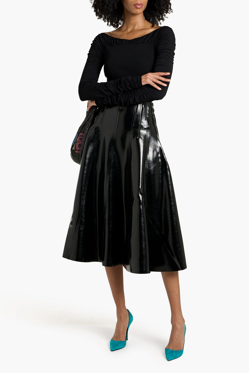  Norma Kamali - Grace Flared Glossed Midi Skirt - Black - L 