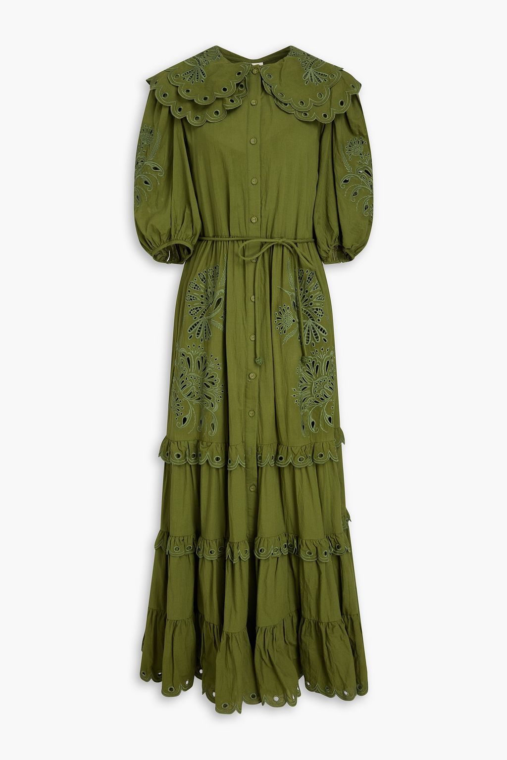 Richelieu tiered broderie anglaise cotton maxi shirt dress - leaf green - XS