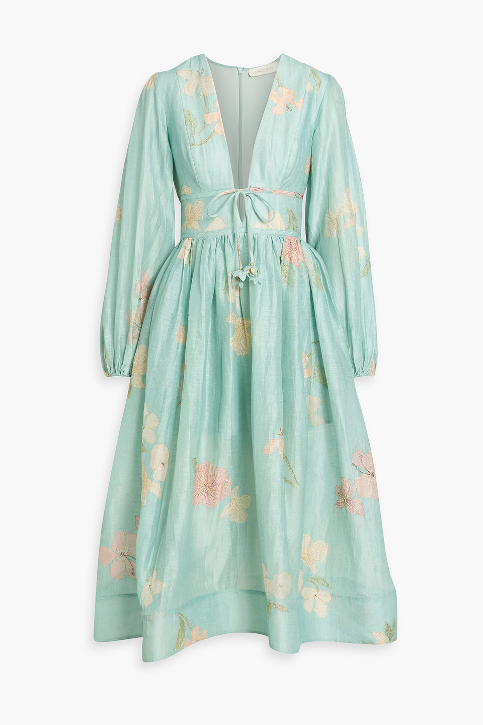Zimmermann Embroidered Floral-print Linen And Silk-blend Gauze Midi Dress In Blue