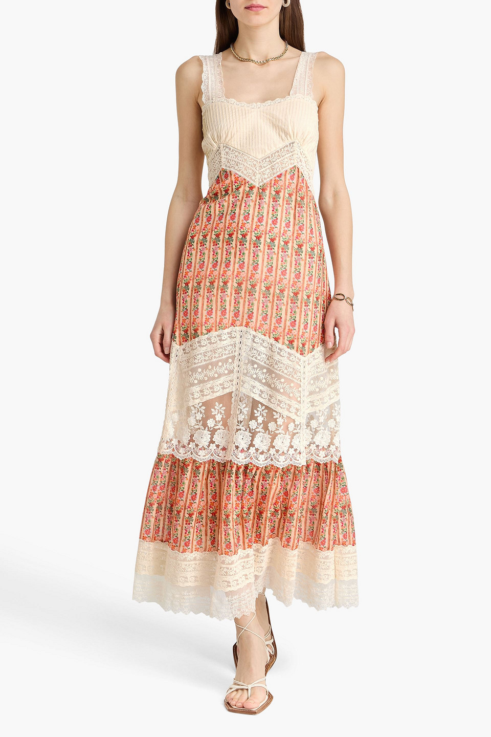  Saloni - Maxikleid „phoebe“ Aus Einer Baumwoll-seidenmischung Mit Floralem Print Und Spitzeneinsätzen - Weiß - Uk 8 