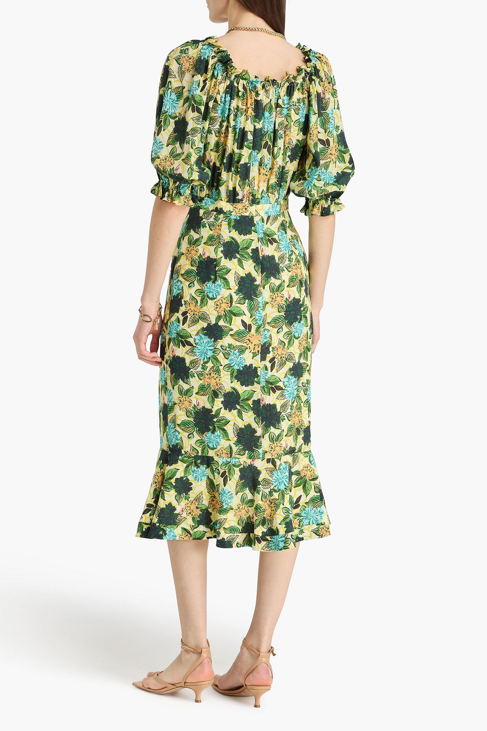  Saloni - Midikleid „olivia“ Aus Crêpe De Chine Aus Seide Mit Floralem Print Und Wickeleffekt - Gelb - Uk 6 