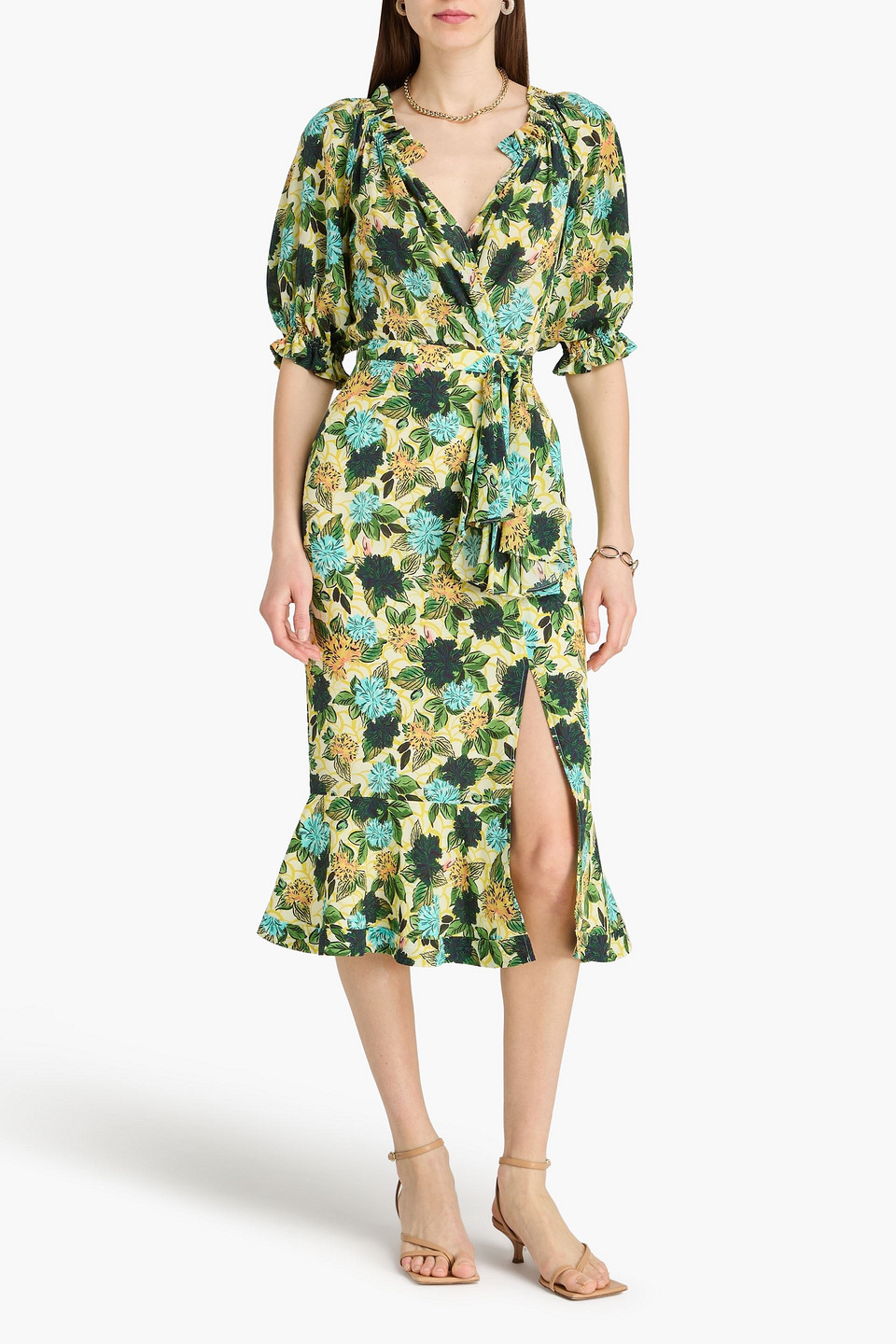  Saloni - Midikleid „olivia“ Aus Crêpe De Chine Aus Seide Mit Floralem Print Und Wickeleffekt - Gelb - Uk 6 