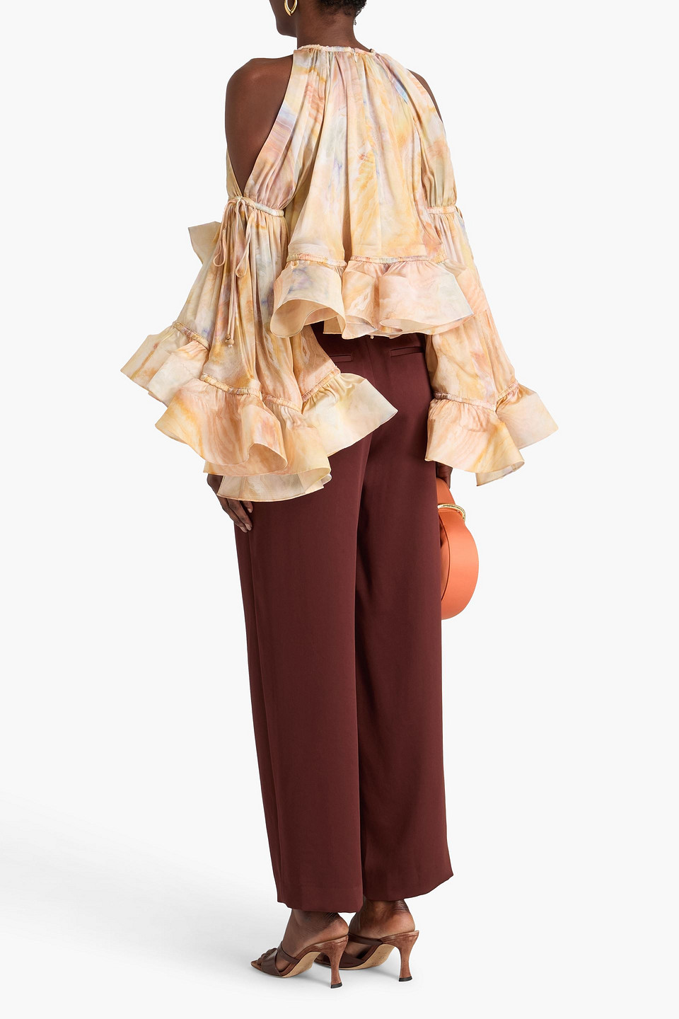  Zimmermann - Cold-shoulder Ruffled Printed Silk-satin Top - Orange - 1 