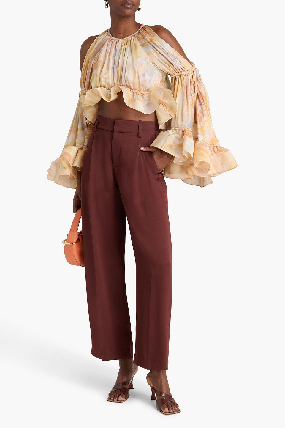  Zimmermann - Cold-shoulder Ruffled Printed Silk-satin Top - Orange - 1 