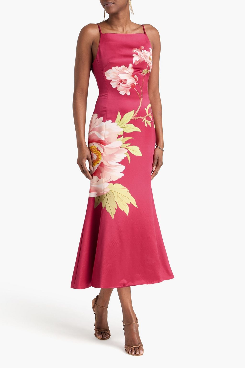 Leo Lin Regina fluted floral-print wool and silk-blend midi dress - Women - Crimson Dresses - UK 12 Leo Lin Regina fluted floral-print wool and silk-blend midi dress - Women - Crimson Dresses - UK 12