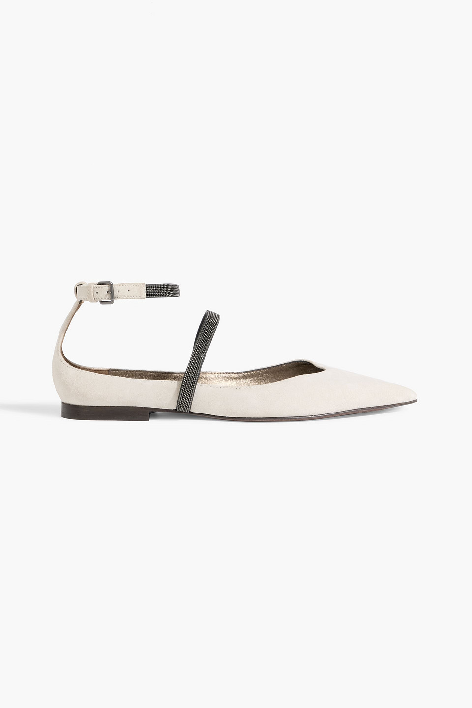 Brunello Cucinelli Bead-embellished Suede Point-toe Flats In Gray