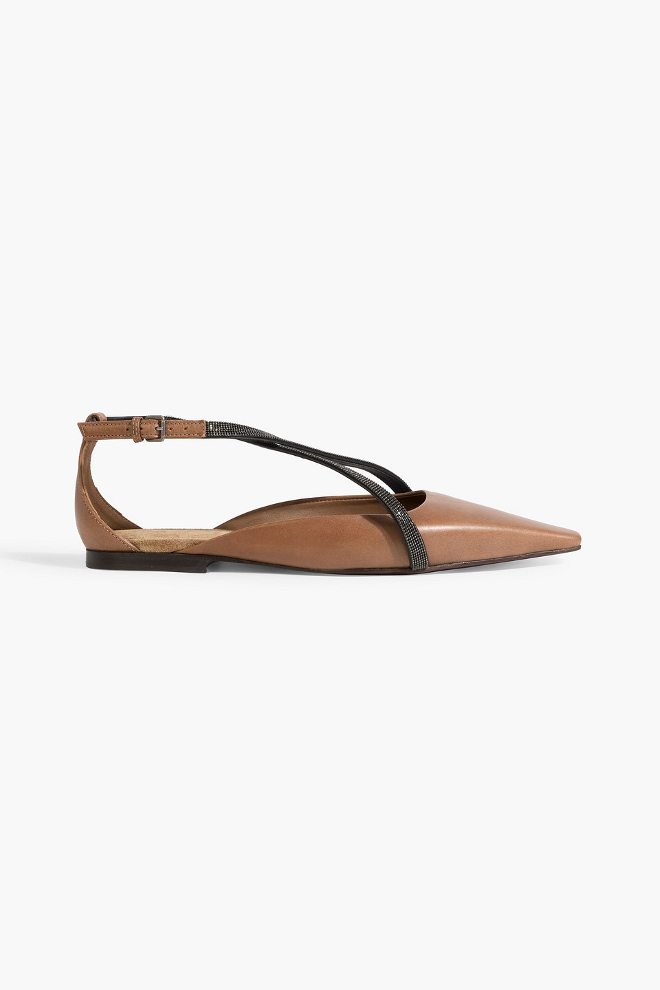 Brunello Cucinelli Bead-embellished Leather Point-toe Flats In Brown