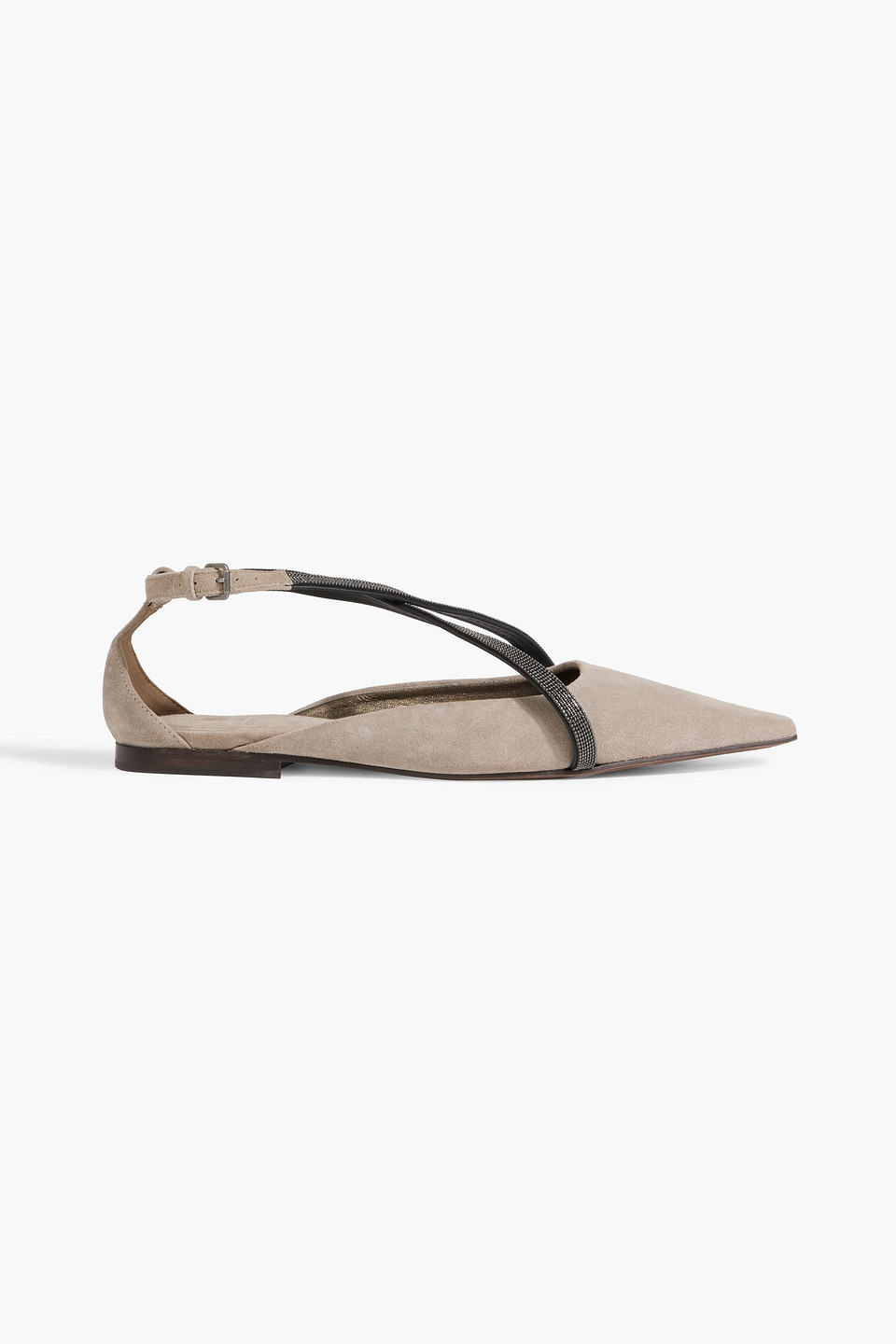 Brunello Cucinelli Bead-embellished Suede Point-toe Flats In Gray