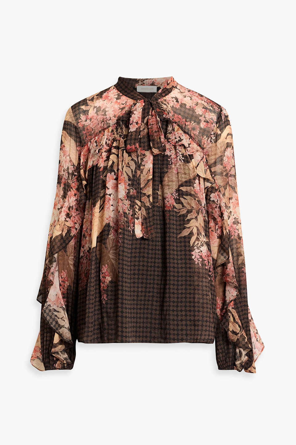 zimmermann - pussy-bow ruffled printed chiffon blouse - black - 0