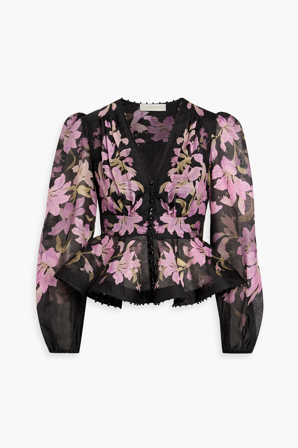 Zimmermann Embellished Floral-print Linen And Silk-blend Organza Peplum Blouse In Black