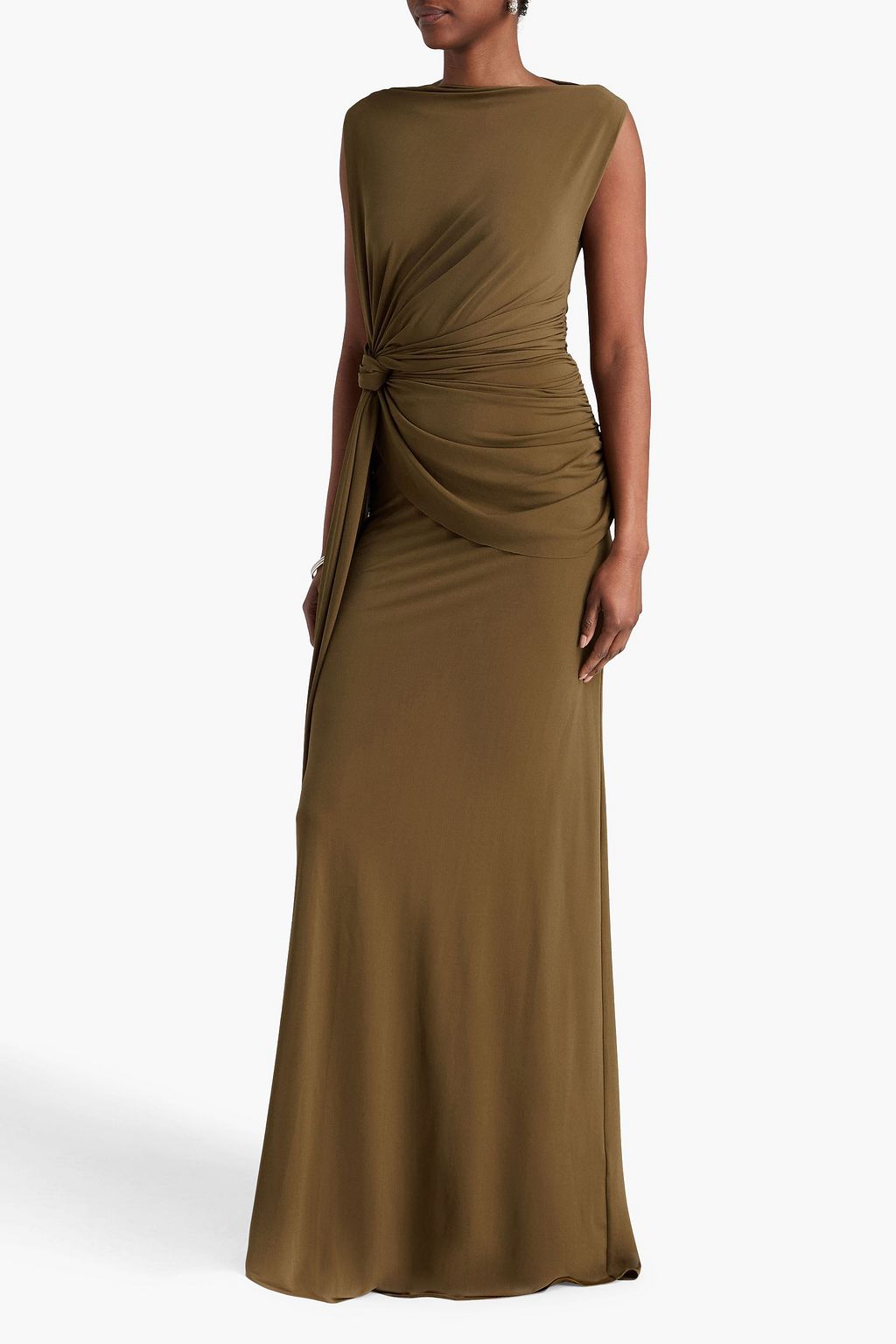 Knotted draped stretch-jersey maxi dress - army green - UK 16