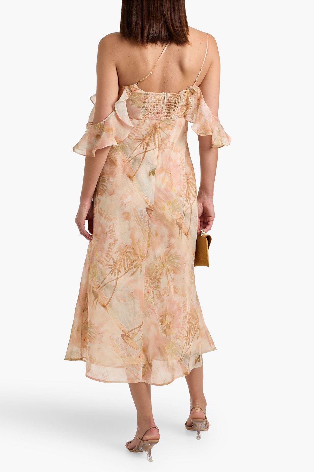 Ruffled printed linen and silk-blend midi dress - peach - 1