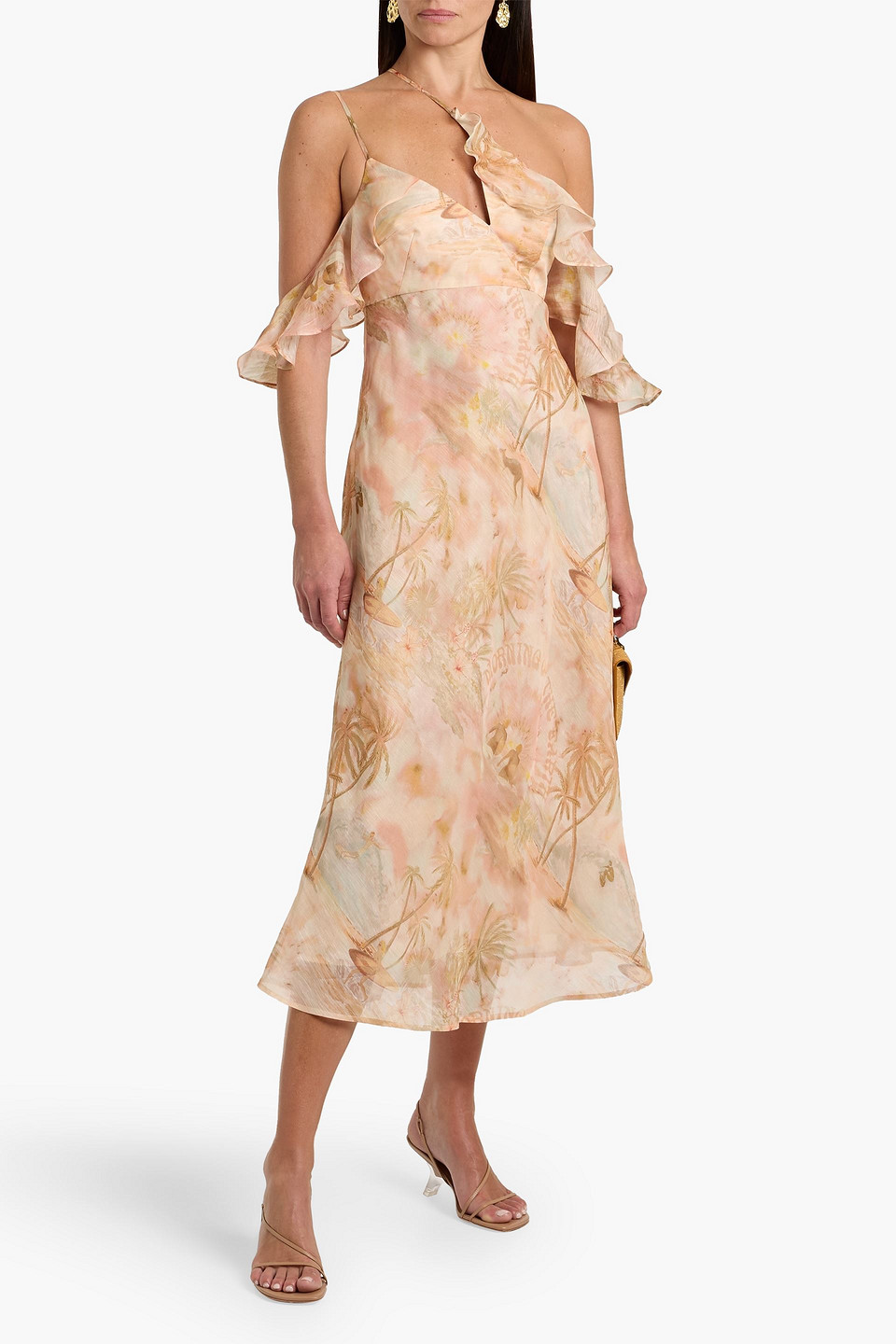 Zimmermann Ruffled Printed Linen And Silk-blend Midi Dress In Neutral