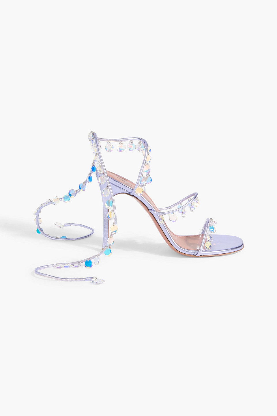 Amina Muaddi Tina 105 Crystal-embellished Metallic Leather Sandals In Purple