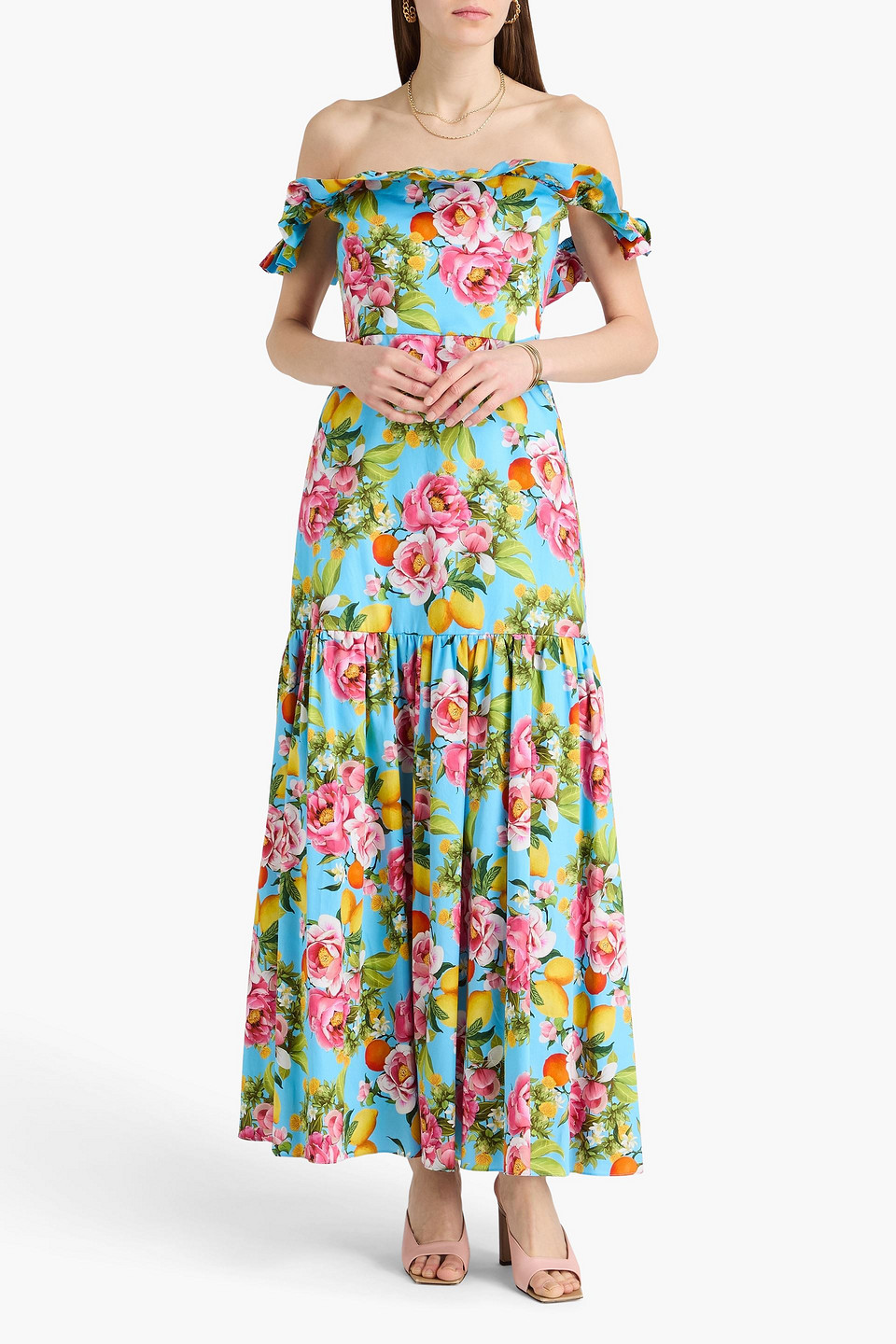  Borgo De Nor - Farrah Off-the-shoulder Ruffled Floral-print Cotton-sateen Maxi Dress - Blue - Uk/au 6 