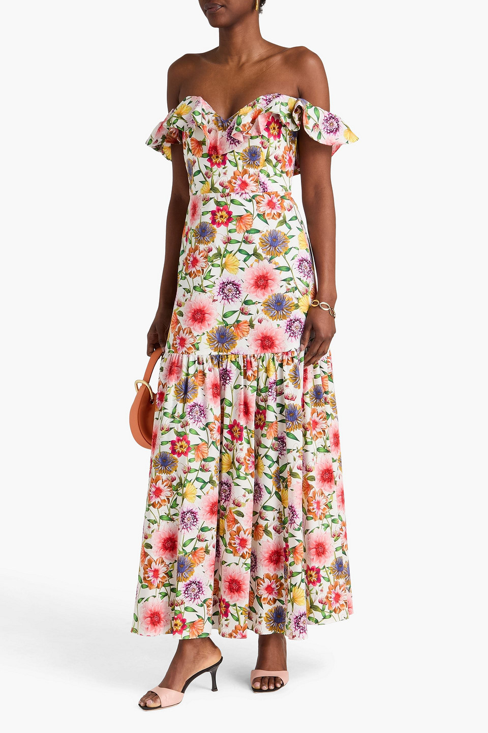  Borgo De Nor - Schulterfreies Maxikleid „jazella“ Aus Baumwolle Mit Rüschen Und Floralem Print - Bunt - Uk 10 