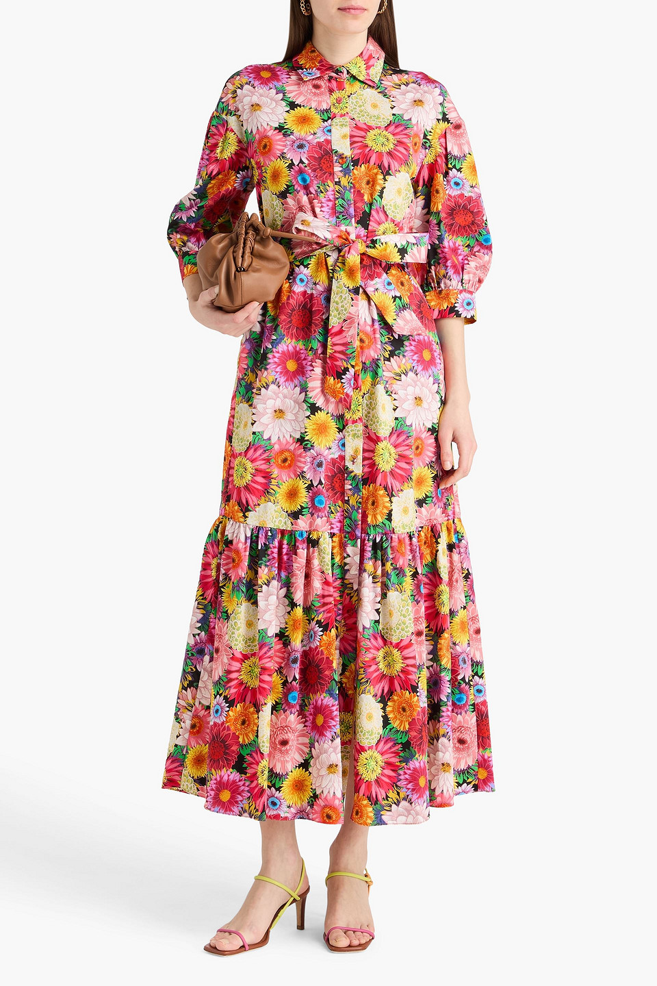  Borgo De Nor - Hemdkleid „bianca“ In Maxilänge Aus Baumwollsatin Mit Floralem Print Und Gürtel - Bunt - Xs 