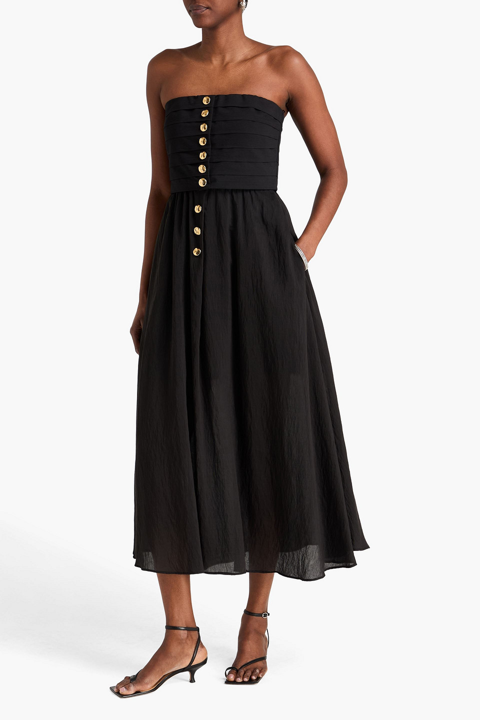  Sandro - Trägerloses Midikleid Aus Einer Lyocellmischung Mit Falten - Schwarz - Fr 40 