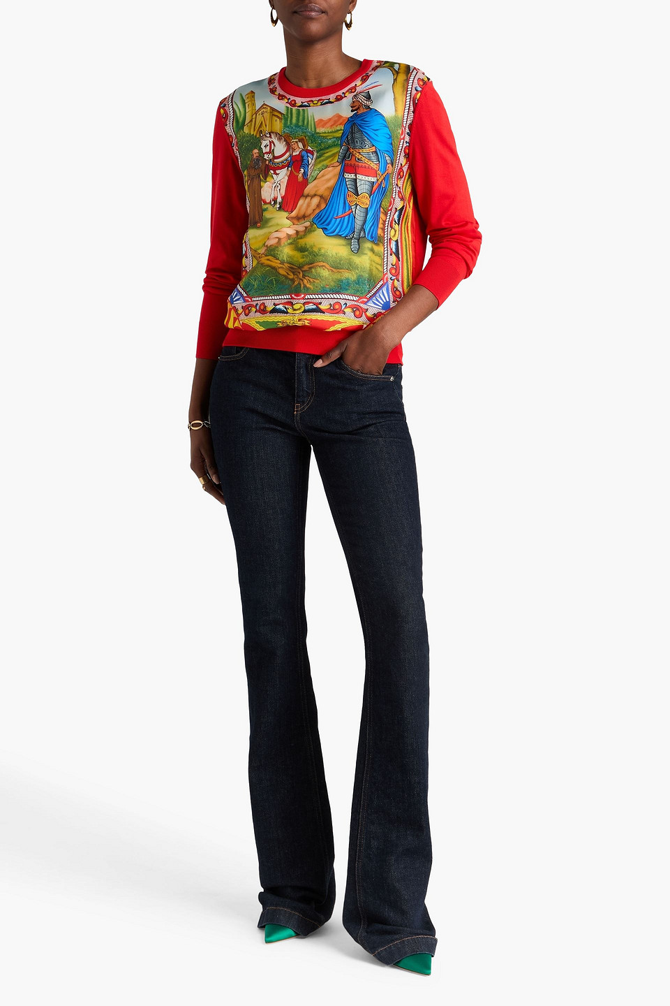  Dolce&gabbana - Strickpullover Mit Einsätzen Aus Bedrucktem Seiden-twill - Rot - It 36 
