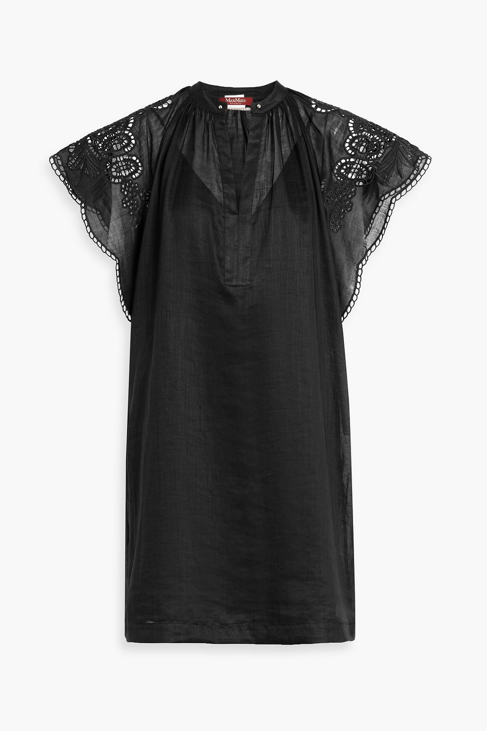 Max Mara Astor Broderie Anglaise-trimmed Ramie Mini Dress In Black