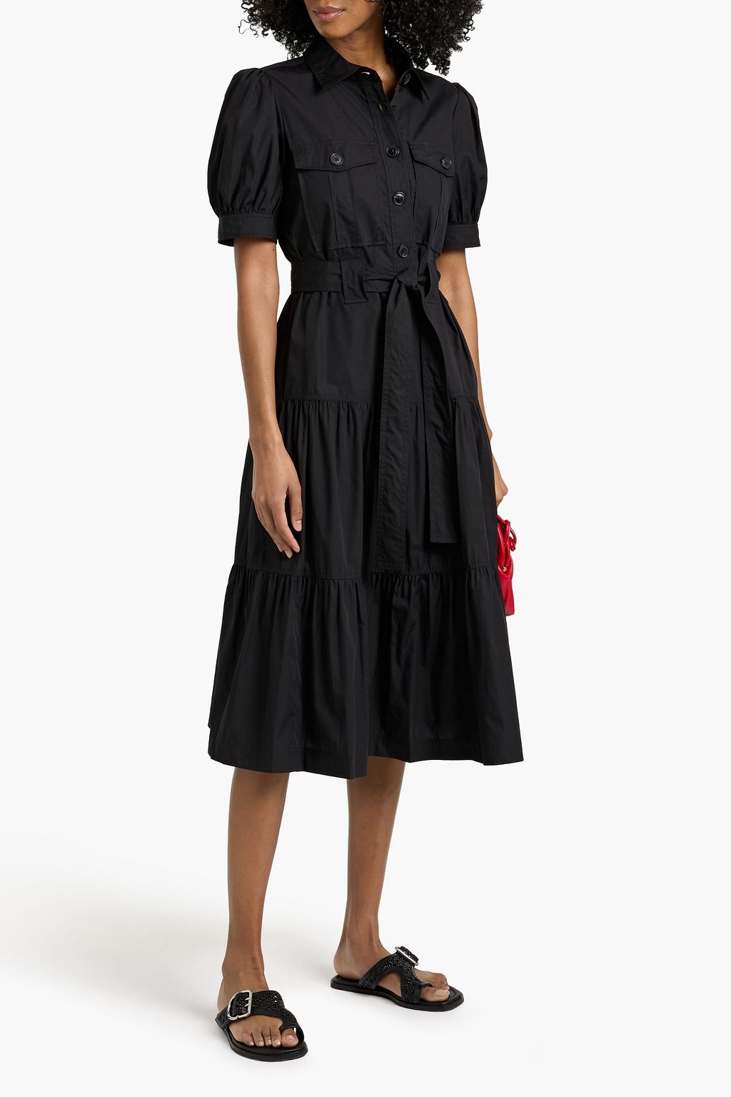 cotton tiered shirt dress Double Gauze Tiered Cotton Midi Shirt Dress Black / M