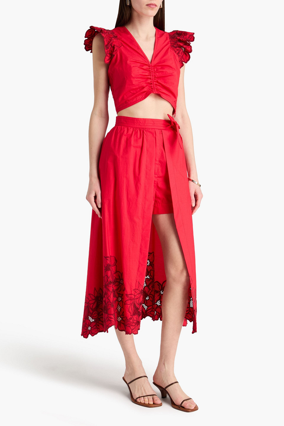  Sandro - Embroidered Cotton-blend Poplin Midi Skirt - Red - Fr 40 