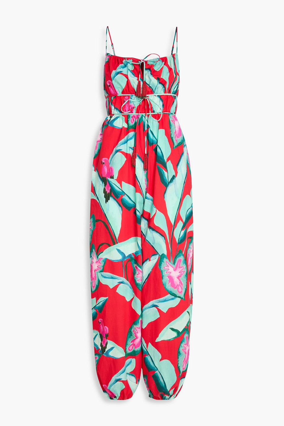 Farm Rio Printed Cotton-poplin Jumpsuit In Red