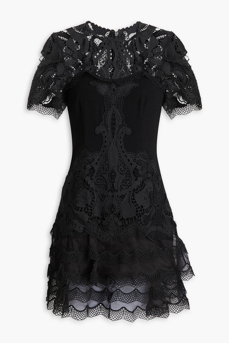 simkhai - paislee tiered guipure lace, crepe and organza mini dress - black - us 2