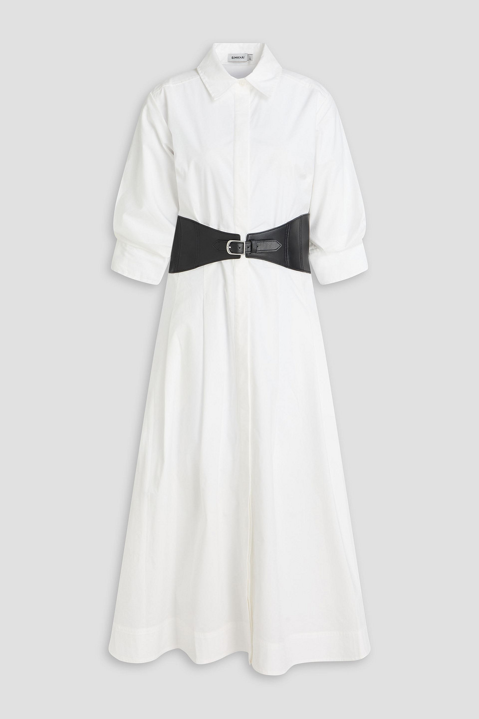 simkhai - olson belted pleated cotton-blend poplin midi shirt dress - white - xs